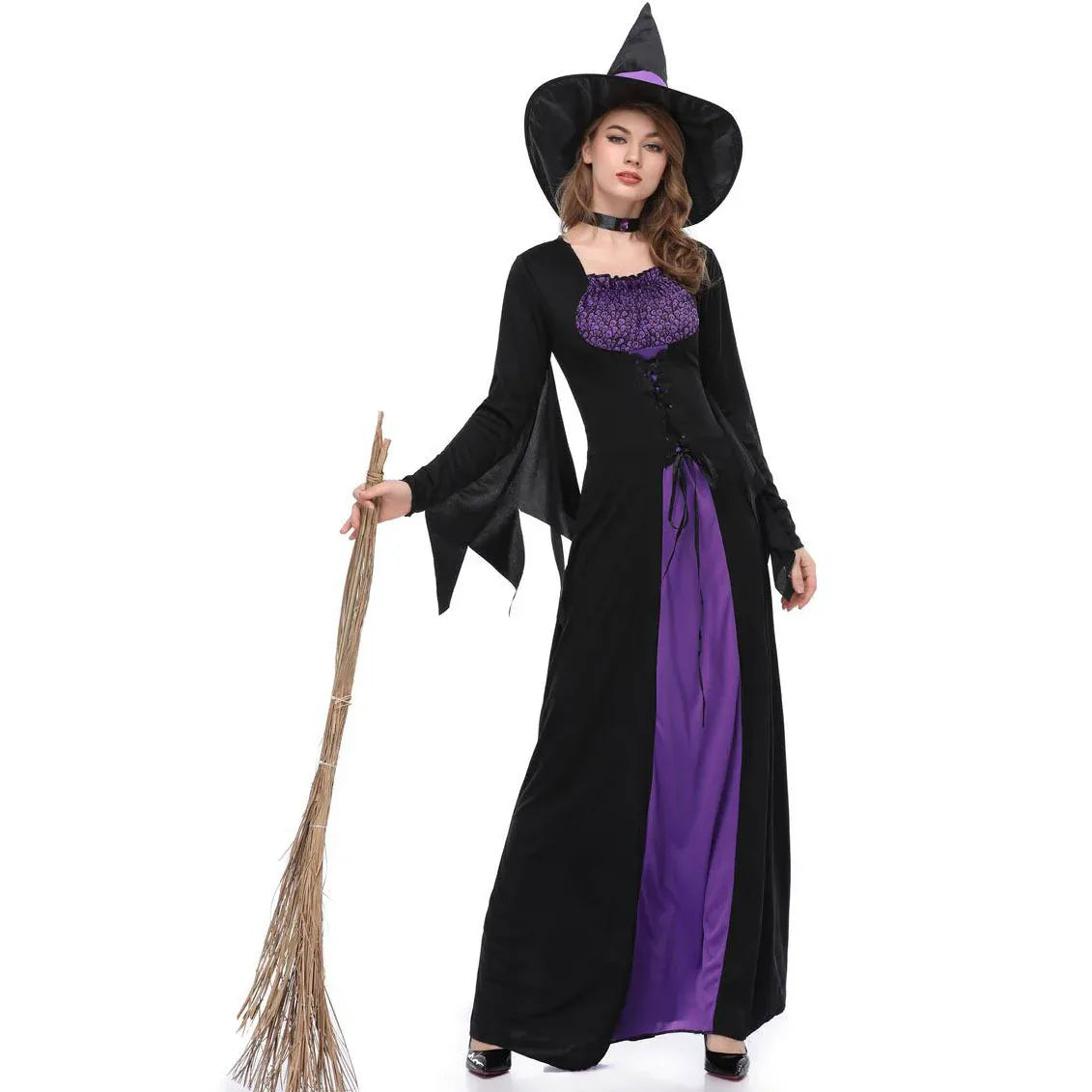 KissICON Halloween Gothic Witch Cosplay Costumes Women Sexy Witch Dress With Hat Carnival Party Performese Clothes