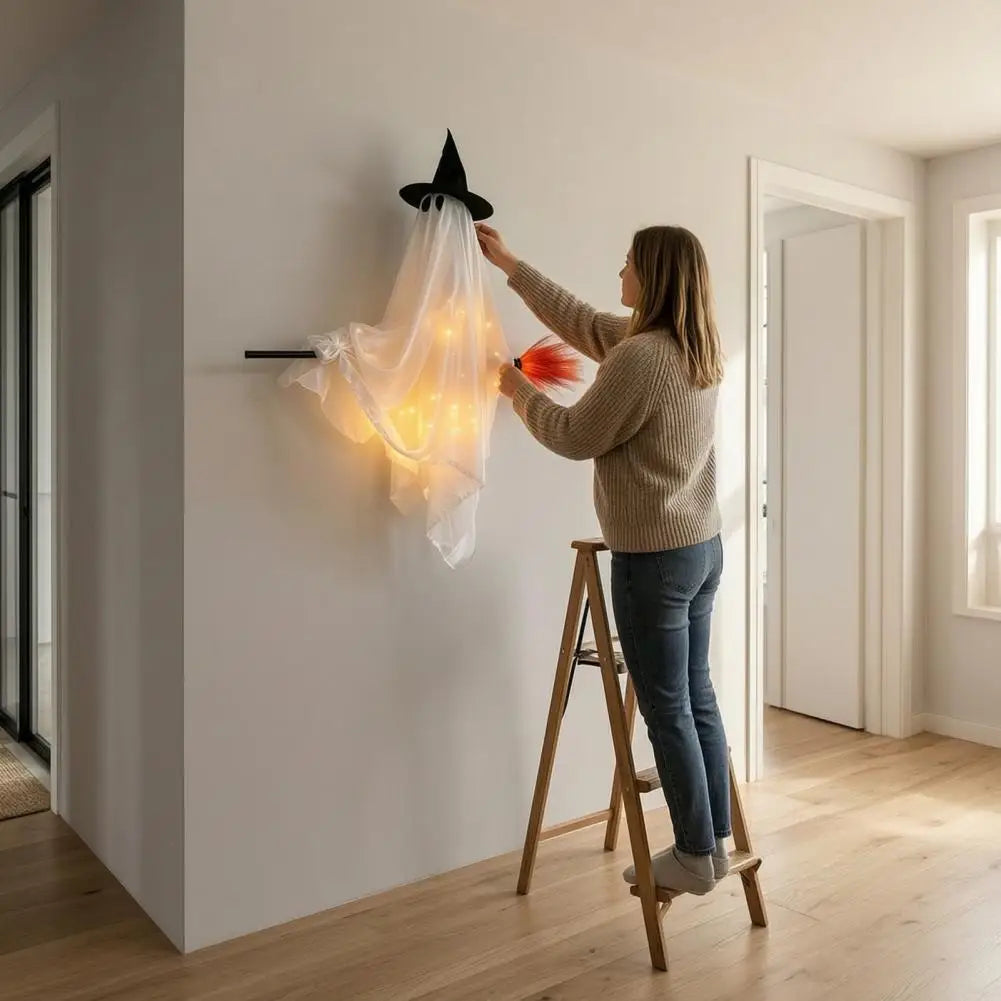 KissICON Halloween Hanging Ghost Decorations Cute Ghost Ornament Hanging Ghost with Broom Halloween Decoration Flying Witch for Haunted