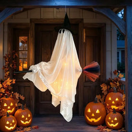 KissICON Halloween Hanging Ghost Decorations Cute Ghost Ornament Hanging Ghost with Broom Halloween Decoration Flying Witch for Haunted