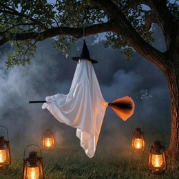 KissICON Halloween Hanging Ghost Decorations Cute Ghost Ornament Hanging Ghost with Broom Halloween Decoration Flying Witch for Haunted