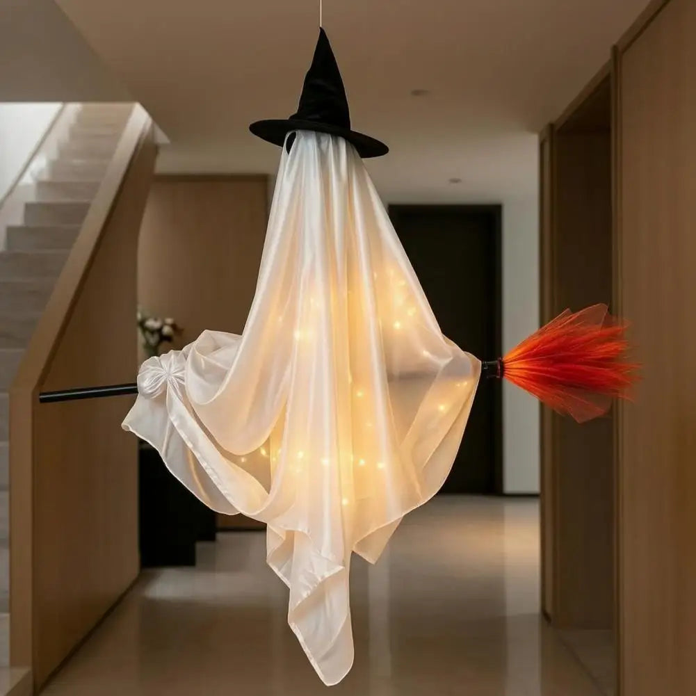 KissICON Halloween Hanging Ghost Decorations Cute Ghost Ornament Hanging Ghost with Broom Halloween Decoration Flying Witch for Haunted