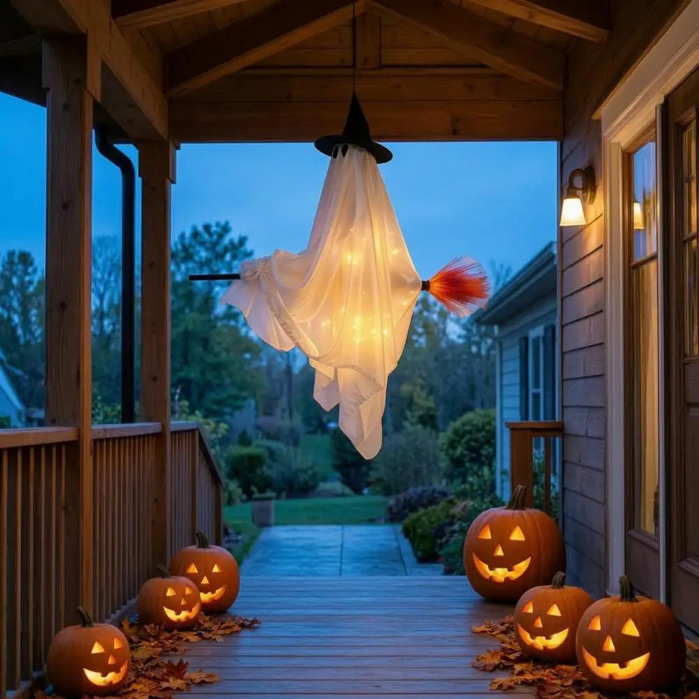KissICON Halloween Hanging Ghost Decorations Cute Ghost Ornament Hanging Ghost with Broom Halloween Decoration Flying Witch for Haunted