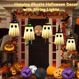 KissICON Halloween Hanging Ghost Decorations, Outdoor Halloween Witches Hat Lights, Glowing Ghosts for Garden Trees, Yard Halloween Decor