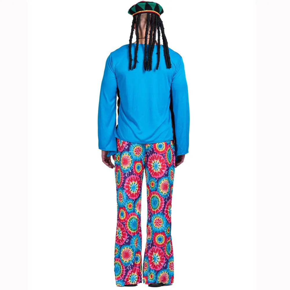 KissICON Halloween Hippie Costume Men 60s 70s Hippie Set Pants Shirt Fringe Vest Glass Frame Necklace Rasta Hat Dreadlocks