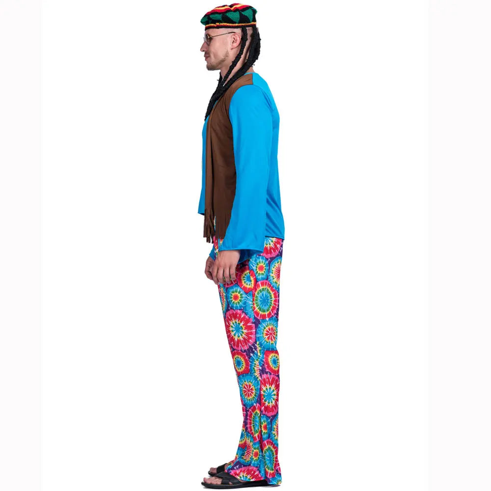 KissICON Halloween Hippie Costume Men 60s 70s Hippie Set Pants Shirt Fringe Vest Glass Frame Necklace Rasta Hat Dreadlocks