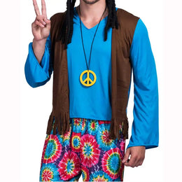 KissICON Halloween Hippie Costume Men 60s 70s Hippie Set Pants Shirt Fringe Vest Glass Frame Necklace Rasta Hat Dreadlocks