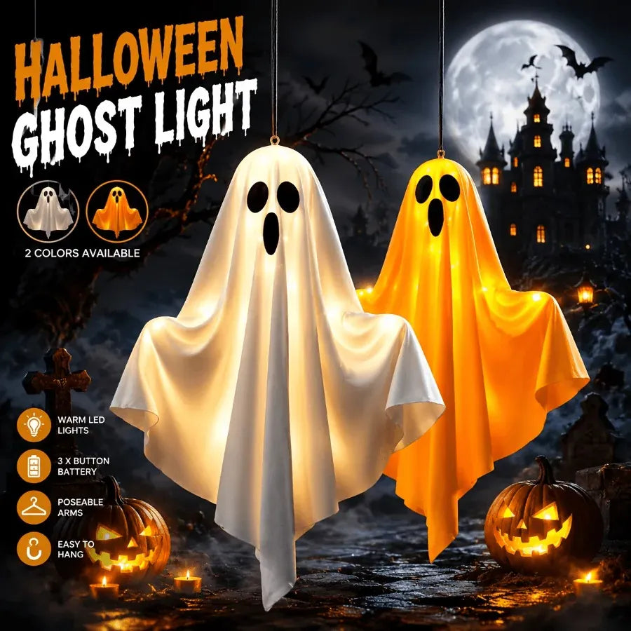 KissICON Halloween LED Light Up Hanging Ghost Decorations, Warm Glow Spooky Ghost Ornaments for Home, Bedroom Halloween Party Decor