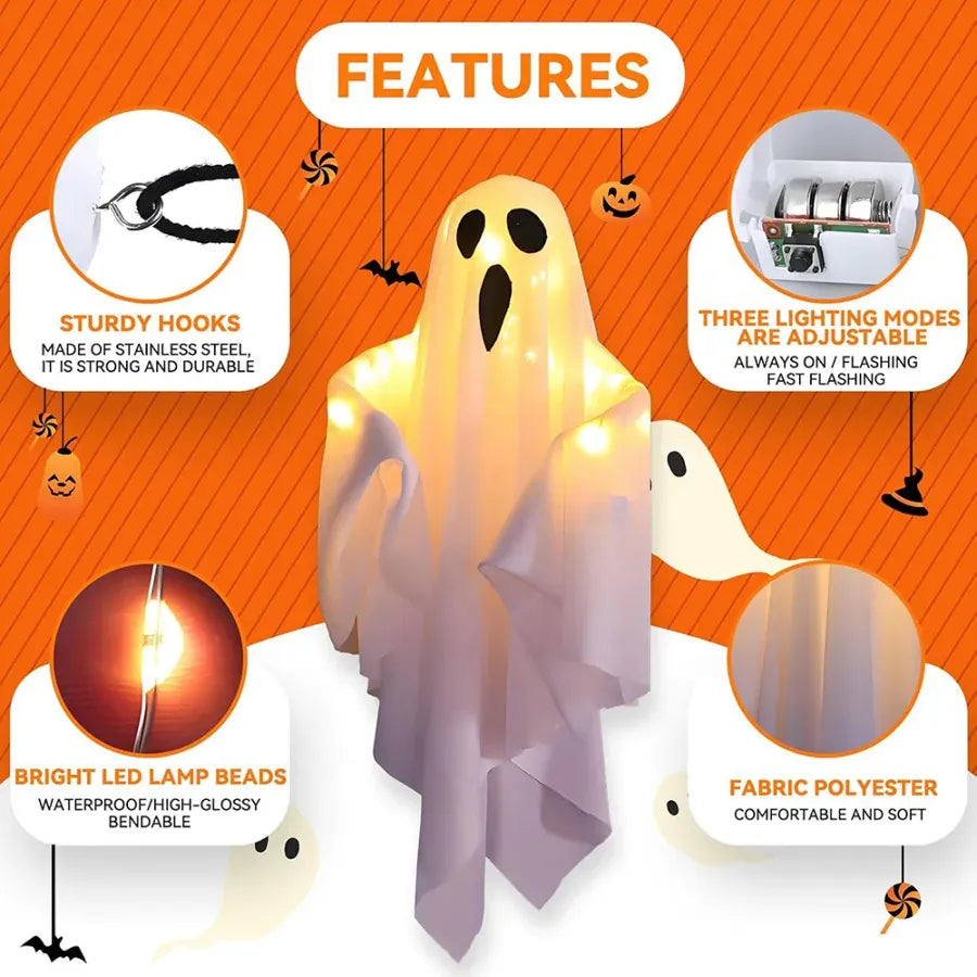 KissICON Halloween LED Light Up Hanging Ghost Decorations, Warm Glow Spooky Ghost Ornaments for Home, Bedroom Halloween Party Decor