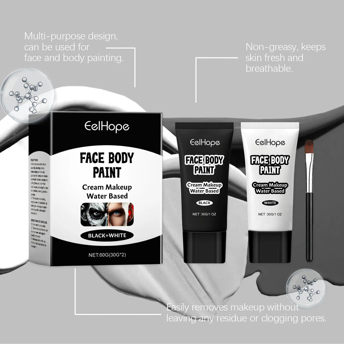 KissICON Halloween Makeup Face Body Paint White Black Special Effects Christmas Cosplay Party Supplies Full Coverage Oil Free Easy Wash