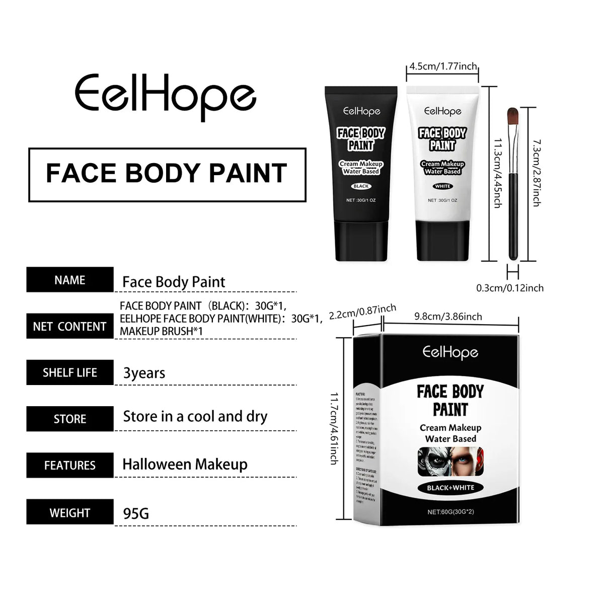 KissICON Halloween Makeup Face Body Paint White Black Special Effects Christmas Cosplay Party Supplies Full Coverage Oil Free Easy Wash