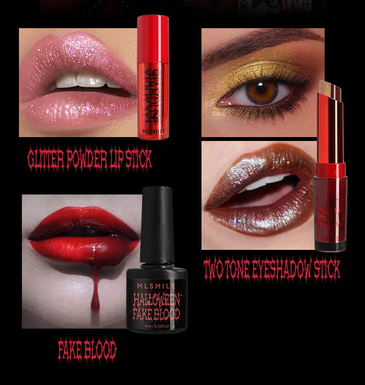 KissICON Halloween Makeup Set Glitter Lip Glaze Fake Blood Wearing Armor 4pcs/set Festive Set Trick or Treat Cosmetics Makeup For Women