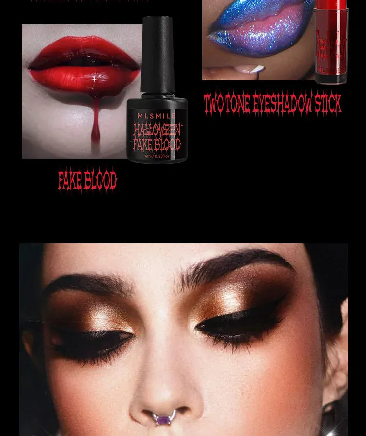 KissICON Halloween Makeup Set Glitter Lip Glaze Fake Blood Wearing Armor 4pcs/set Festive Set Trick or Treat Cosmetics Makeup For Women