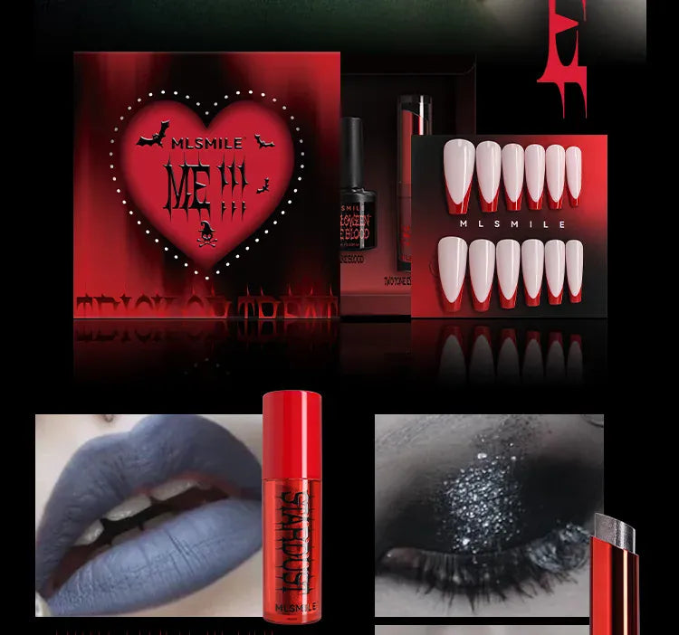KissICON Halloween Makeup Set Glitter Lip Glaze Fake Blood Wearing Armor 4pcs/set Festive Set Trick or Treat Cosmetics Makeup For Women