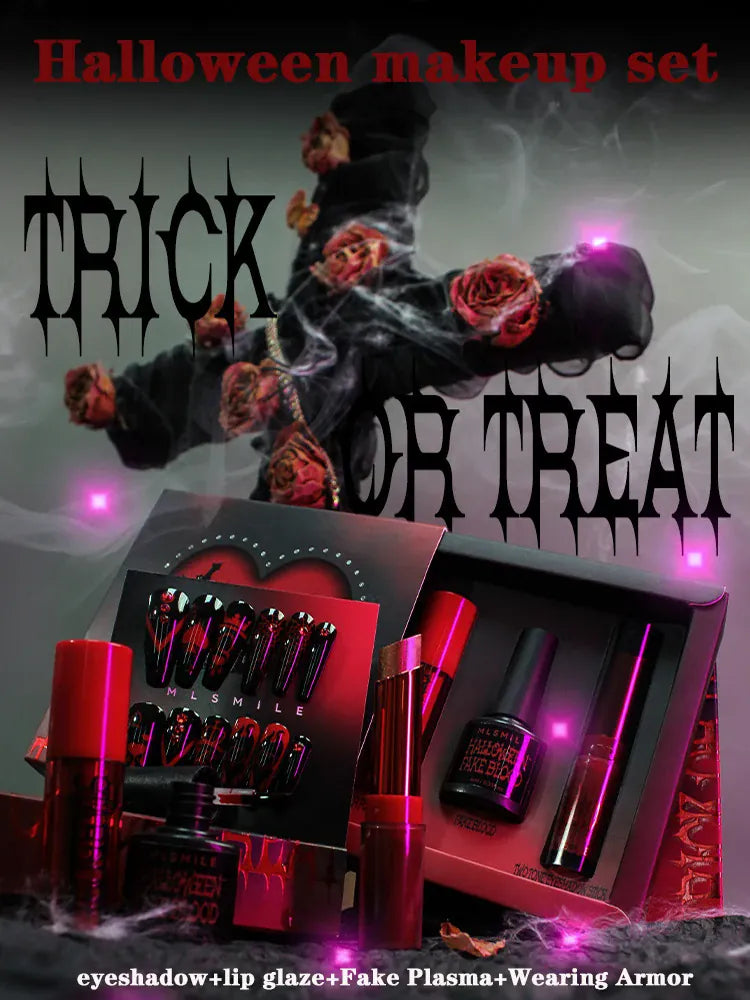 KissICON Halloween Makeup Set Glitter Lip Glaze Fake Blood Wearing Armor 4pcs/set Festive Set Trick or Treat Cosmetics Makeup For Women
