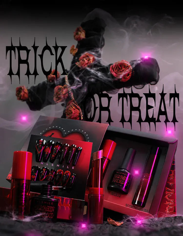 KissICON Halloween Makeup Set Glitter Lip Glaze Fake Blood Wearing Armor 4pcs/set Festive Set Trick or Treat Cosmetics Makeup For Women