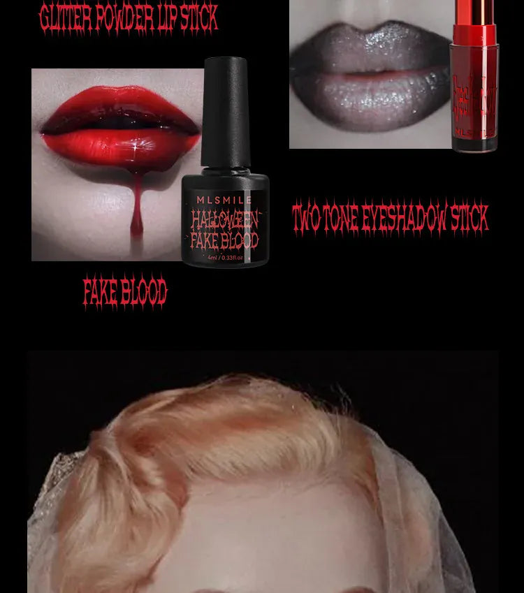 KissICON Halloween Makeup Set Glitter Lip Glaze Fake Blood Wearing Armor 4pcs/set Festive Set Trick or Treat Cosmetics Makeup For Women