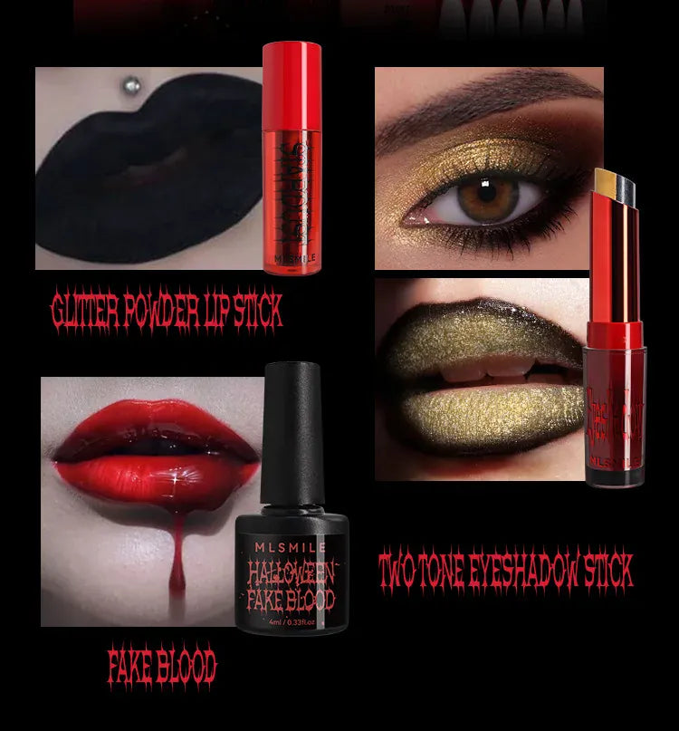 KissICON Halloween Makeup Set Glitter Lip Glaze Fake Blood Wearing Armor 4pcs/set Festive Set Trick or Treat Cosmetics Makeup For Women