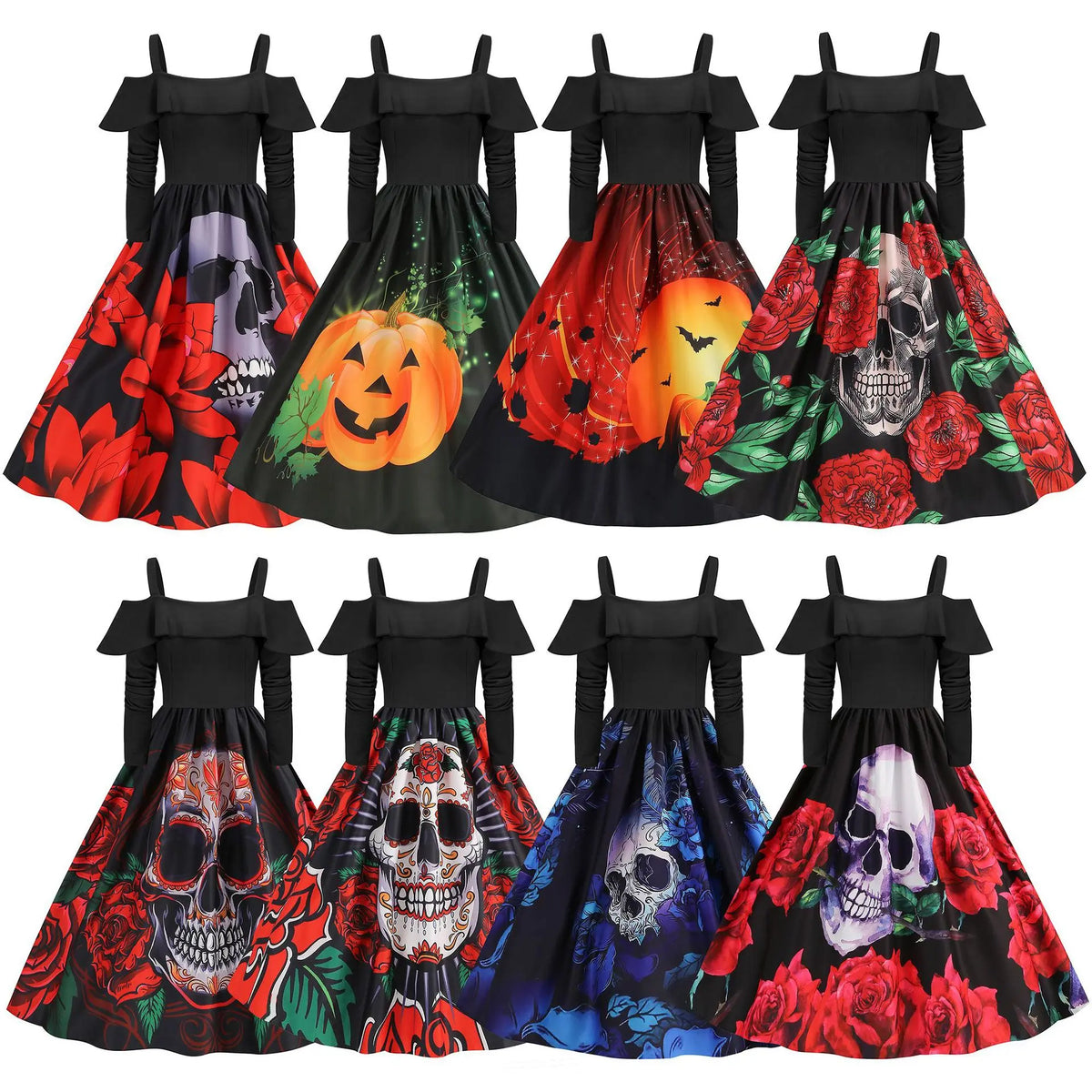 KissICON Halloween Medieval Horror Cosplay Costume Women's Sexy Skull Ghost Face Retro Suspenders Ruffle Long Sleeve Dress Carnival Party