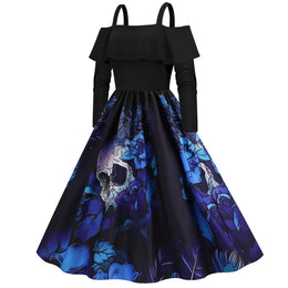 KissICON Halloween Medieval Horror Cosplay Costume Women's Sexy Skull Ghost Face Retro Suspenders Ruffle Long Sleeve Dress Carnival Party