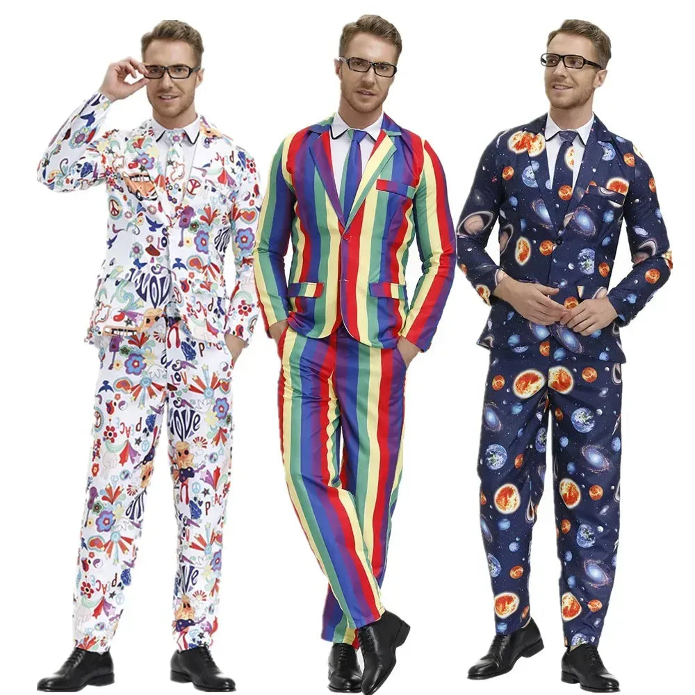 KissICON Halloween Men 60s 70s Retro Hippie Peace and Love Cosplay Costume Flower Power Disco Carnival Party Suit Coat T Shirt Pant Tie