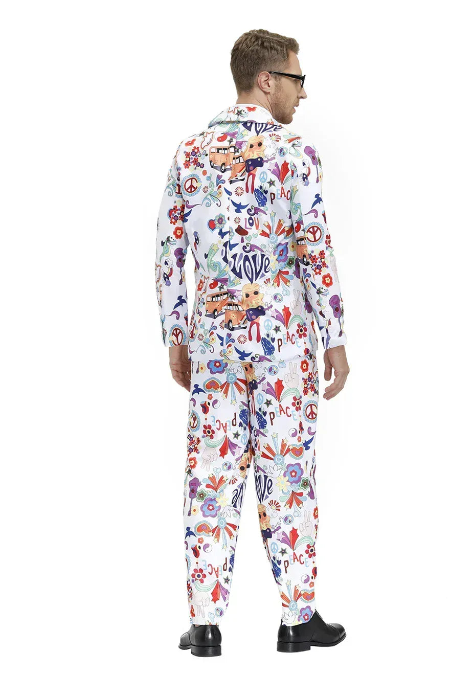 KissICON Halloween Men 60s 70s Retro Hippie Peace and Love Cosplay Costume Flower Power Disco Carnival Party Suit Coat T Shirt Pant Tie