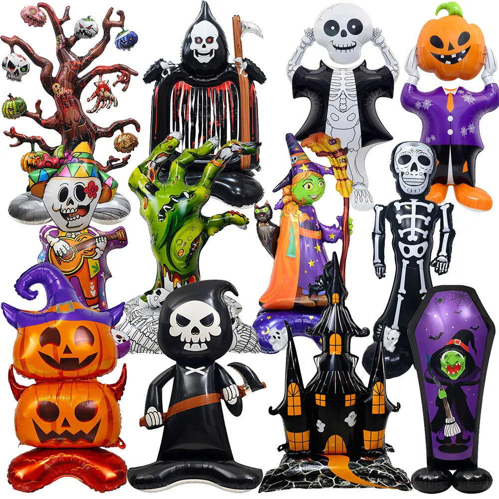KissICON Halloween Party Decor Standing Inflatable Aluminum Foil Balloon Ghost Pumpkin Skull Haunted House Tombstone Skeleton Balloon