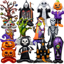 KissICON Halloween Party Decor Standing Inflatable Aluminum Foil Balloon Ghost Pumpkin Skull Haunted House Tombstone Skeleton Balloon