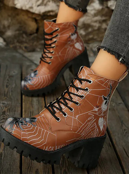 KissICON Halloween Platform Ankle Boots for Women Cartoon Skull