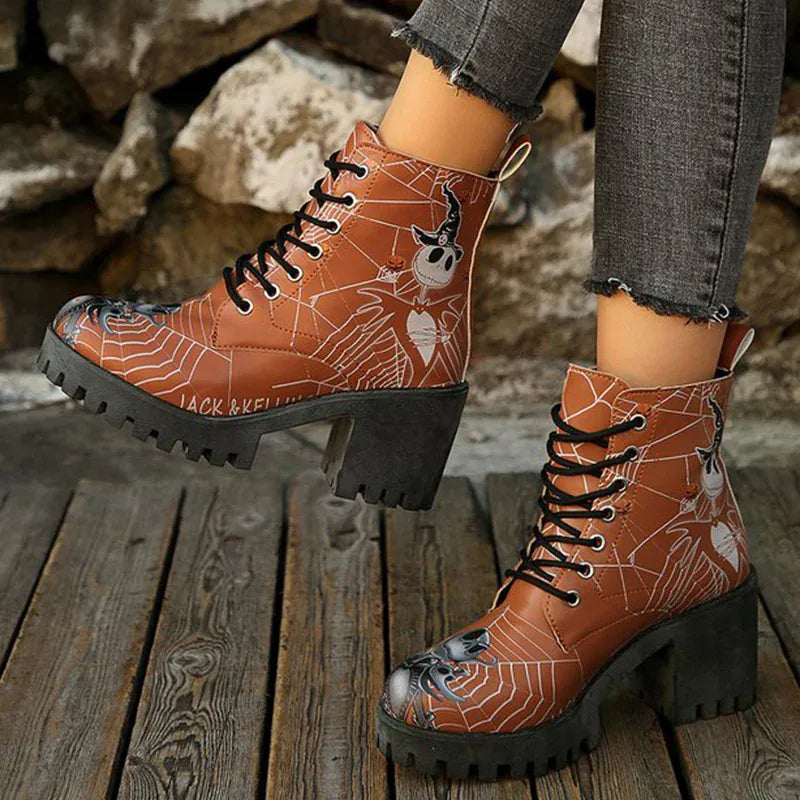 KissICON Halloween Platform Ankle Boots for Women Cartoon Skull