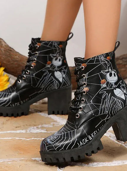 KissICON Halloween Platform Ankle Boots for Women Cartoon Skull