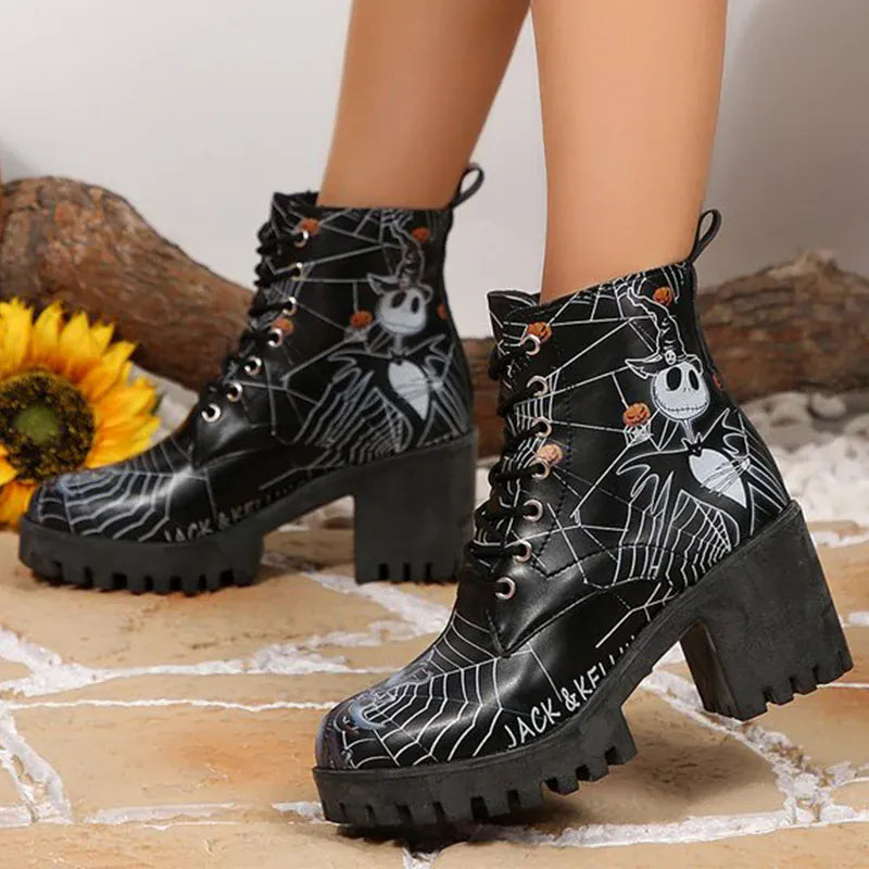KissICON Halloween Platform Ankle Boots for Women Cartoon Skull