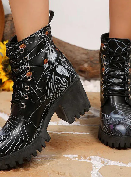 KissICON Halloween Platform Ankle Boots for Women Cartoon Skull