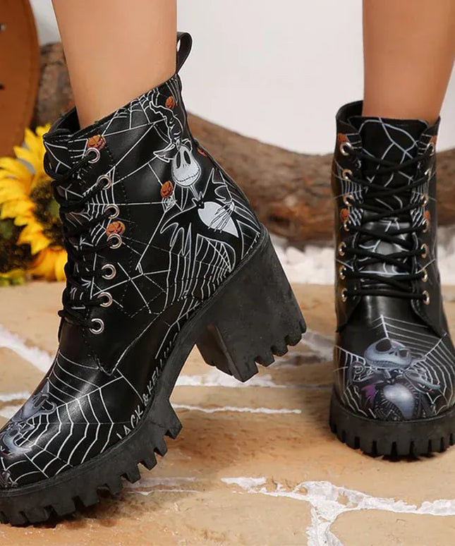 KissICON Halloween Platform Ankle Boots for Women Cartoon Skull