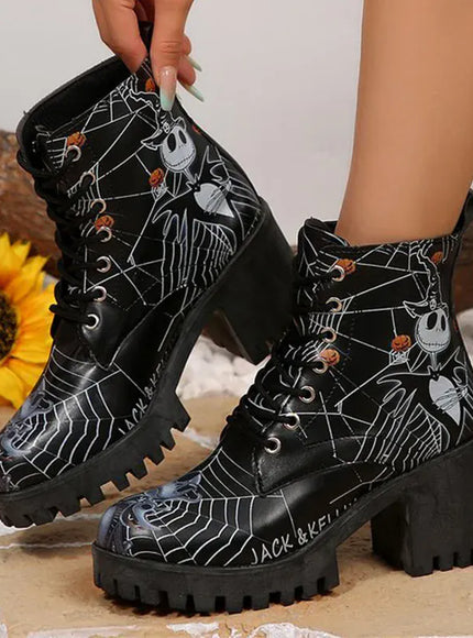 KissICON Halloween Platform Ankle Boots for Women Cartoon Skull