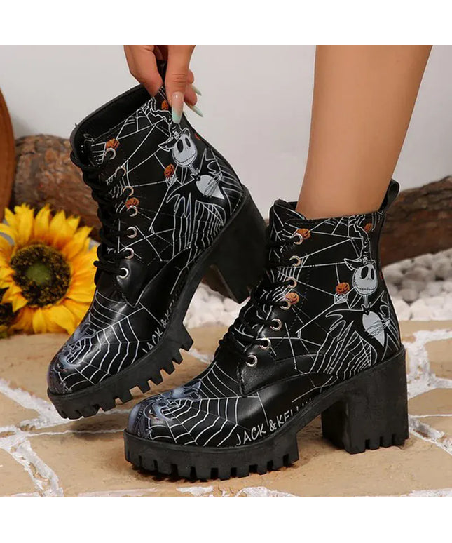 KissICON Halloween Platform Ankle Boots for Women Cartoon Skull