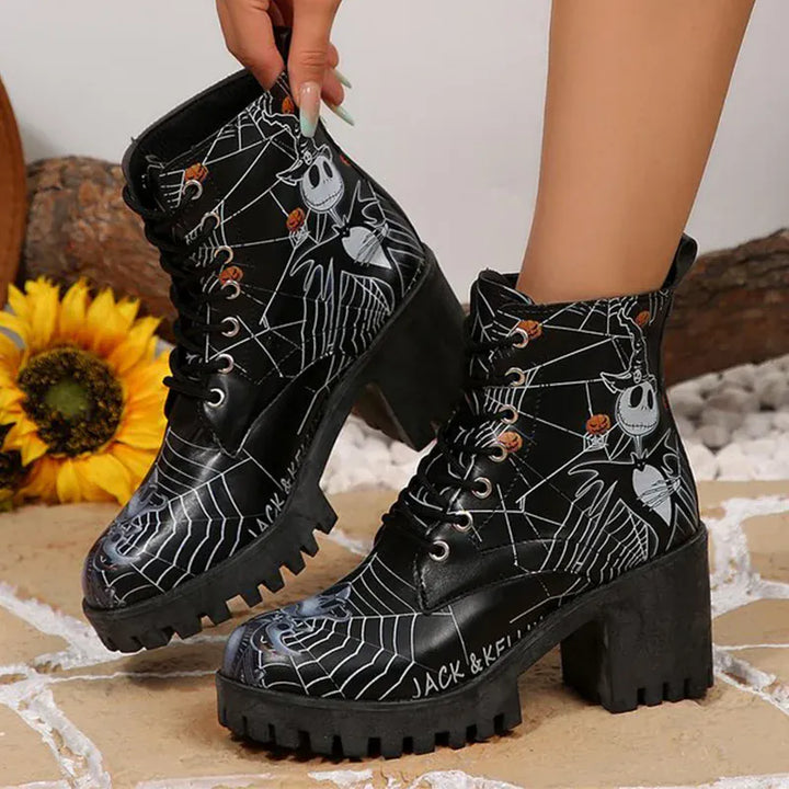 Halloween Platform Ankle Boots for Women Cartoon Skull