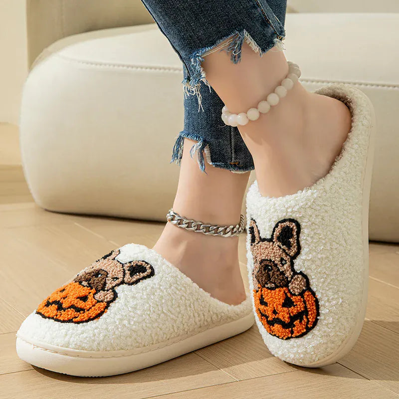 KissICON Halloween Pumpkin Warm Women's Slippers Winter Non-Slip Flat