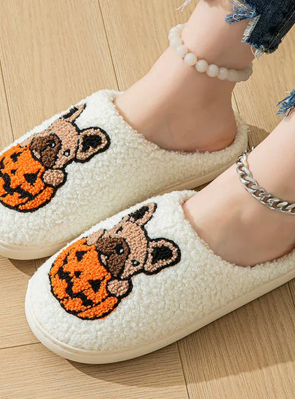 KissICON Halloween Pumpkin Warm Women's Slippers Winter Non-Slip Flat