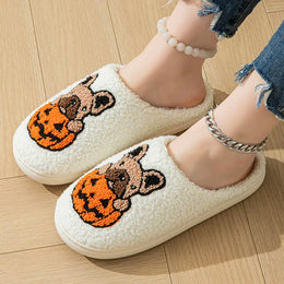 KissICON Halloween Pumpkin Warm Women's Slippers Winter Non-Slip Flat