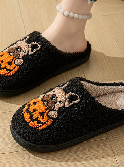 KissICON Halloween Pumpkin Warm Women's Slippers Winter Non-Slip Flat