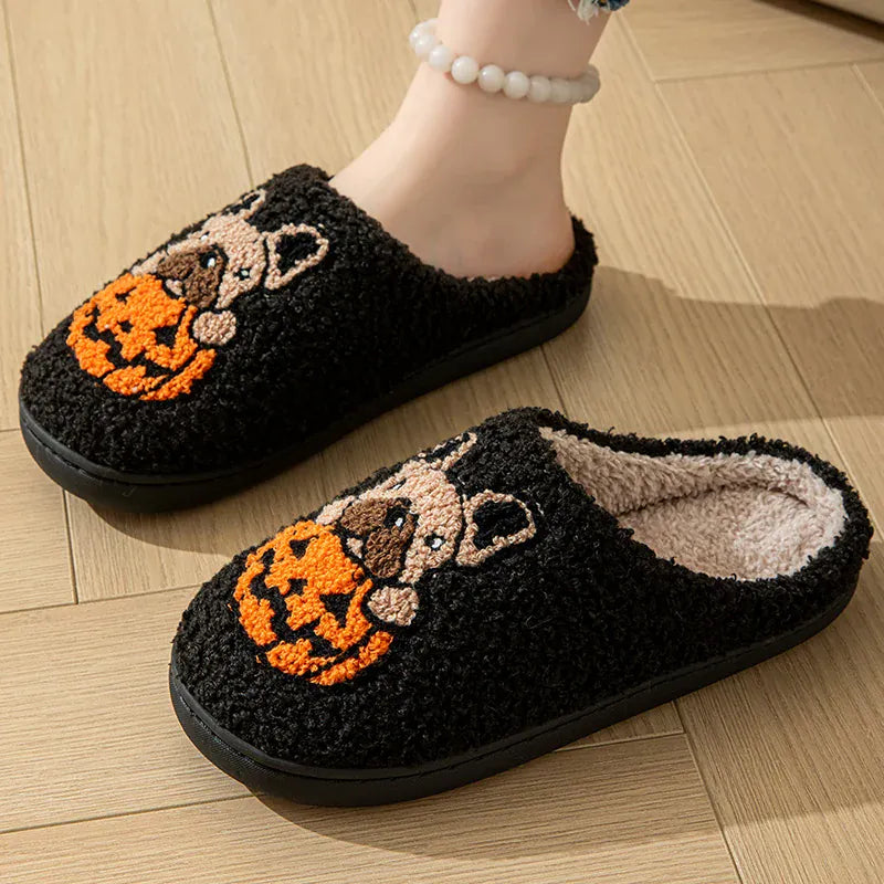 KissICON Halloween Pumpkin Warm Women's Slippers Winter Non-Slip Flat