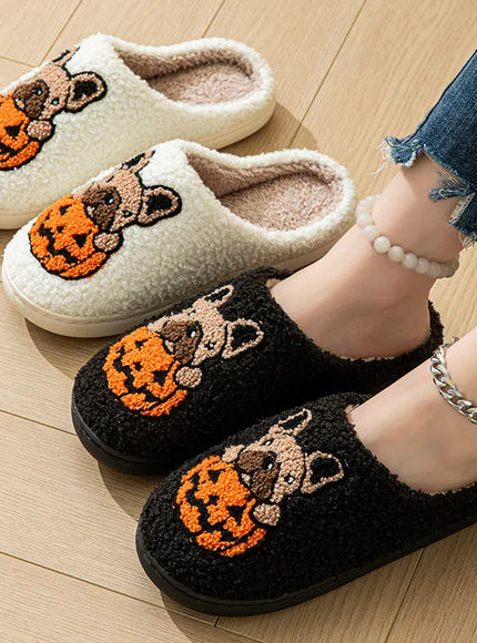 KissICON Halloween Pumpkin Warm Women's Slippers Winter Non-Slip Flat