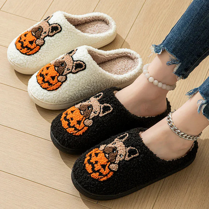 KissICON Halloween Pumpkin Warm Women's Slippers Winter Non-Slip Flat