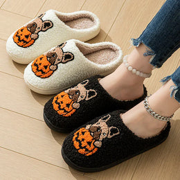 KissICON Halloween Pumpkin Warm Women's Slippers Winter Non-Slip Flat