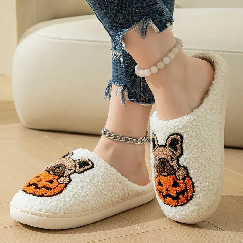 KissICON Halloween Pumpkin Warm Women's Slippers Winter Non-Slip Flat