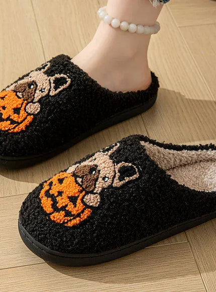 KissICON Halloween Pumpkin Warm Women's Slippers Winter Non-Slip Flat