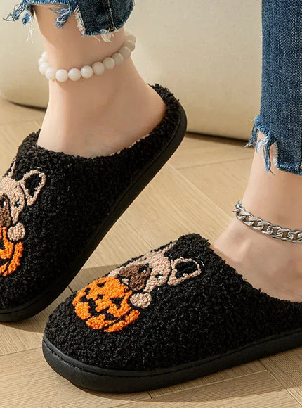 KissICON Halloween Pumpkin Warm Women's Slippers Winter Non-Slip Flat