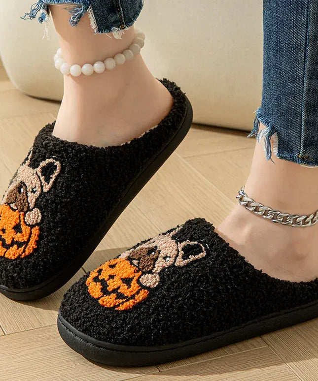 KissICON Halloween Pumpkin Warm Women's Slippers Winter Non-Slip Flat