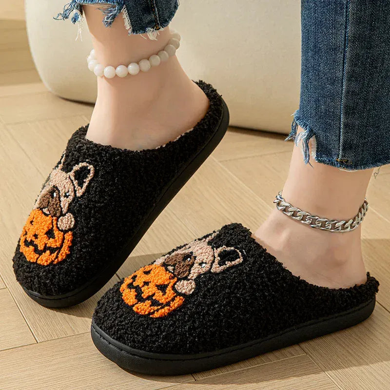 KissICON Halloween Pumpkin Warm Women's Slippers Winter Non-Slip Flat