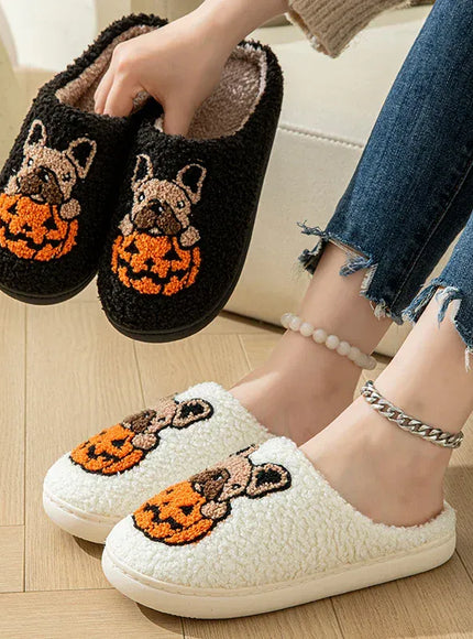 KissICON Halloween Pumpkin Warm Women's Slippers Winter Non-Slip Flat